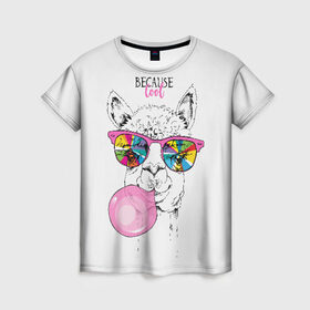 Женская футболка 3D с принтом Because cool в Санкт-Петербурге, 100% полиэфир ( синтетическое хлопкоподобное полотно) | прямой крой, круглый вырез горловины, длина до линии бедер | alpaca | animal | chewing | cool | funny | gum | head | llama | muzzle | puffed up | rainbow | альпака | голова | жевательная | животное | забавный | лама | надутая | очки | прикольный | радужные | резинка | смешная