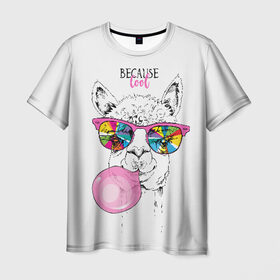 Мужская футболка 3D с принтом Because cool в Санкт-Петербурге, 100% полиэфир | прямой крой, круглый вырез горловины, длина до линии бедер | alpaca | animal | chewing | cool | funny | gum | head | llama | muzzle | puffed up | rainbow | альпака | голова | жевательная | животное | забавный | лама | надутая | очки | прикольный | радужные | резинка | смешная