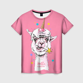 Женская футболка 3D с принтом Hello llamacorn в Санкт-Петербурге, 100% полиэфир ( синтетическое хлопкоподобное полотно) | прямой крой, круглый вырез горловины, длина до линии бедер | alpaca | animal | carnival | cool | cup | head | horn | ice cream | llama | look | pink | slogan | star | unicorn | waffle | альпака | вафельный | взгляд | голова | единорог | животное | звезда | карнавал | лама | мороженое | привет | прикольный | р