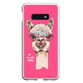 Чехол для Samsung S10E с принтом Romantic llama в Санкт-Петербурге, Силикон | Область печати: задняя сторона чехла, без боковых панелей | alpaca | animal | cool | flowers | head | heart | inscription | llama | look | pink | romance | альпака | взгляд | голова | животное | лама | любовь | надпись | очки | прикольный | розовые | романтика | сердце | цветы