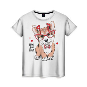 Женская футболка 3D с принтом I need your love в Санкт-Петербурге, 100% полиэфир ( синтетическое хлопкоподобное полотно) | прямой крой, круглый вырез горловины, длина до линии бедер | animal | bow | bow tie | breed | cute | dog | funny | hearts | i need your love | polka dot | puppy | red | the inscription | white | бант | белый | вельш корги пемброк | галстук бабочка | горошек | животное | забавный | красный | любовь | милый | м