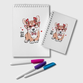 Блокнот с принтом I need your love в Санкт-Петербурге, 100% бумага | 48 листов, плотность листов — 60 г/м2, плотность картонной обложки — 250 г/м2. Листы скреплены удобной пружинной спиралью. Цвет линий — светло-серый
 | Тематика изображения на принте: animal | bow | bow tie | breed | cute | dog | funny | hearts | i need your love | polka dot | puppy | red | the inscription | white | бант | белый | вельш корги пемброк | галстук бабочка | горошек | животное | забавный | красный | любовь | милый | м