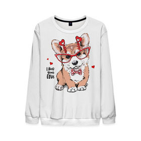 Мужской свитшот 3D с принтом I need your love в Санкт-Петербурге, 100% полиэстер с мягким внутренним слоем | круглый вырез горловины, мягкая резинка на манжетах и поясе, свободная посадка по фигуре | Тематика изображения на принте: animal | bow | bow tie | breed | cute | dog | funny | hearts | i need your love | polka dot | puppy | red | the inscription | white | бант | белый | вельш корги пемброк | галстук бабочка | горошек | животное | забавный | красный | любовь | милый | м