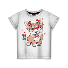Детская футболка 3D с принтом I need your love в Санкт-Петербурге, 100% гипоаллергенный полиэфир | прямой крой, круглый вырез горловины, длина до линии бедер, чуть спущенное плечо, ткань немного тянется | animal | bow | bow tie | breed | cute | dog | funny | hearts | i need your love | polka dot | puppy | red | the inscription | white | бант | белый | вельш корги пемброк | галстук бабочка | горошек | животное | забавный | красный | любовь | милый | м