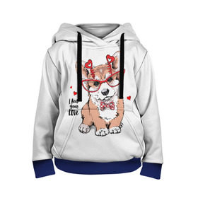 Детская толстовка 3D с принтом I need your love в Санкт-Петербурге, 100% полиэстер | двухслойный капюшон со шнурком для регулировки, мягкие манжеты на рукавах и по низу толстовки, спереди карман-кенгуру с мягким внутренним слоем | animal | bow | bow tie | breed | cute | dog | funny | hearts | i need your love | polka dot | puppy | red | the inscription | white | бант | белый | вельш корги пемброк | галстук бабочка | горошек | животное | забавный | красный | любовь | милый | м