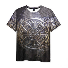Мужская футболка 3D с принтом Кельтские узоры в Санкт-Петербурге, 100% полиэфир | прямой крой, круглый вырез горловины, длина до линии бедер | 3d | абстракция | арт | желтый | кельтские узоры | на металле | черный