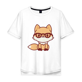 Мужская футболка хлопок Oversize с принтом Лисенок в очках в Санкт-Петербурге, 100% хлопок | свободный крой, круглый ворот, “спинка” длиннее передней части | Тематика изображения на принте: fox | лис | лиса | лисенок | милая | пушистик | рыжая