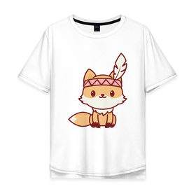 Мужская футболка хлопок Oversize с принтом Лисенок индеец в Санкт-Петербурге, 100% хлопок | свободный крой, круглый ворот, “спинка” длиннее передней части | Тематика изображения на принте: fox | лис | лиса | лисенок | лисица | милая | пушистик | рыжая