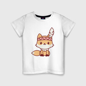 Детская футболка хлопок с принтом Лисенок индеец в Санкт-Петербурге, 100% хлопок | круглый вырез горловины, полуприлегающий силуэт, длина до линии бедер | fox | лис | лиса | лисенок | лисица | милая | пушистик | рыжая