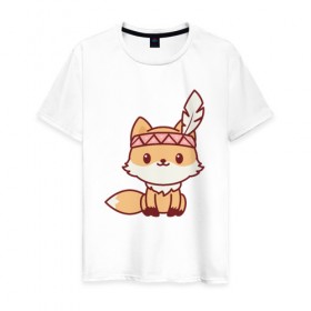 Мужская футболка хлопок с принтом Лисенок индеец в Санкт-Петербурге, 100% хлопок | прямой крой, круглый вырез горловины, длина до линии бедер, слегка спущенное плечо. | fox | лис | лиса | лисенок | лисица | милая | пушистик | рыжая