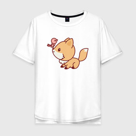 Мужская футболка хлопок Oversize с принтом Лисенок с птичкой на носу в Санкт-Петербурге, 100% хлопок | свободный крой, круглый ворот, “спинка” длиннее передней части | fox | лис | лиса | лисенок | лисица | милая | пушистик | рыжая