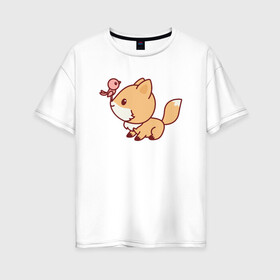 Женская футболка хлопок Oversize с принтом Лисенок с птичкой на носу в Санкт-Петербурге, 100% хлопок | свободный крой, круглый ворот, спущенный рукав, длина до линии бедер
 | fox | лис | лиса | лисенок | лисица | милая | пушистик | рыжая