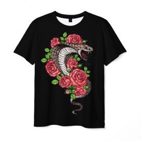 Мужская футболка 3D с принтом Кобра в Санкт-Петербурге, 100% полиэфир | прямой крой, круглый вырез горловины, длина до линии бедер | amphibian | animal | cobra | fangs | poison | red | roses | scales | snake | животное | земноводное | змея | клыки | кобра | красные | розы | чешуя | яд