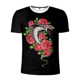 Мужская футболка 3D спортивная с принтом Кобра в Санкт-Петербурге, 100% полиэстер с улучшенными характеристиками | приталенный силуэт, круглая горловина, широкие плечи, сужается к линии бедра | Тематика изображения на принте: amphibian | animal | cobra | fangs | poison | red | roses | scales | snake | животное | земноводное | змея | клыки | кобра | красные | розы | чешуя | яд