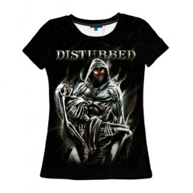 Женская футболка 3D с принтом Disturbed в Санкт-Петербурге, 100% полиэфир ( синтетическое хлопкоподобное полотно) | прямой крой, круглый вырез горловины, длина до линии бедер | disturbed | heavy metal | the guy | группы | метал | рок