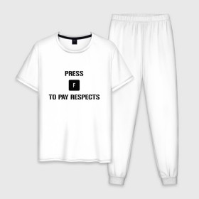 Мужская пижама хлопок с принтом Press F to Pay Respects в Санкт-Петербурге, 100% хлопок | брюки и футболка прямого кроя, без карманов, на брюках мягкая резинка на поясе и по низу штанин
 | Тематика изображения на принте: pres f | press f | press f to pay respects | прес ф | респект