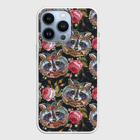 Чехол для iPhone 13 Pro с принтом Еноты в Санкт-Петербурге,  |  | animals | art | drawing | embroidery | flower | raccoons | rose | touches | wild | вышивка | дикие | еноты | животные | звери | искусство | рисунок | роза | цветок | штрихи