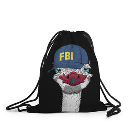 Рюкзак-мешок 3D с принтом FBI в Санкт-Петербурге, 100% полиэстер | плотность ткани — 200 г/м2, размер — 35 х 45 см; лямки — толстые шнурки, застежка на шнуровке, без карманов и подкладки | beak | bird | blue | cap | fbi | funny | head | inscription | long | neck | ostrich | red | весёлый | голова | длинная | кепка | клюв | красный | надпись | птица | синяя | смешной | страус | фбр | шея
