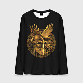 Мужской лонгслив 3D с принтом Один в Санкт-Петербурге, 100% полиэстер | длинные рукава, круглый вырез горловины, полуприлегающий силуэт | beard | celtic | emblem | face | golden | helmet | myth | one | ornament | raven | runes | sword | viking | warrior | борода | викинг | воин | ворон | золотой | кельтский | лицо | меч | миф | один | орнамент | руны | шлем | эмблема
