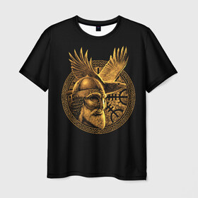 Мужская футболка 3D с принтом Один в Санкт-Петербурге, 100% полиэфир | прямой крой, круглый вырез горловины, длина до линии бедер | beard | celtic | emblem | face | golden | helmet | myth | one | ornament | raven | runes | sword | viking | warrior | борода | викинг | воин | ворон | золотой | кельтский | лицо | меч | миф | один | орнамент | руны | шлем | эмблема