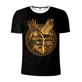 Мужская футболка 3D спортивная с принтом Один в Санкт-Петербурге, 100% полиэстер с улучшенными характеристиками | приталенный силуэт, круглая горловина, широкие плечи, сужается к линии бедра | beard | celtic | emblem | face | golden | helmet | myth | one | ornament | raven | runes | sword | viking | warrior | борода | викинг | воин | ворон | золотой | кельтский | лицо | меч | миф | один | орнамент | руны | шлем | эмблема