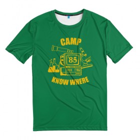 Мужская футболка 3D с принтом CAMP KNOW WHERE в Санкт-Петербурге, 100% полиэфир | прямой крой, круглый вырез горловины, длина до линии бедер | 80 е | 85 | camp know where | camp nowhere | dustin | netflix | stranger things | дастин | кепка дастина | нетфликс | очень странные дела