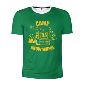 Мужская футболка 3D спортивная с принтом CAMP KNOW WHERE в Санкт-Петербурге, 100% полиэстер с улучшенными характеристиками | приталенный силуэт, круглая горловина, широкие плечи, сужается к линии бедра | Тематика изображения на принте: 80 е | 85 | camp know where | camp nowhere | dustin | netflix | stranger things | дастин | кепка дастина | нетфликс | очень странные дела