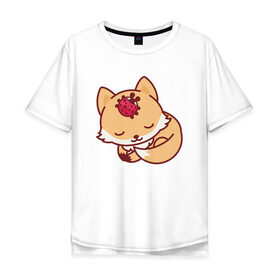 Мужская футболка хлопок Oversize с принтом Лисенок и Божья коровка в Санкт-Петербурге, 100% хлопок | свободный крой, круглый ворот, “спинка” длиннее передней части | fox | лис | лиса | лисенок | лисица | милая | пушистик | рыжая