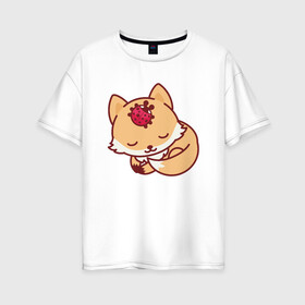 Женская футболка хлопок Oversize с принтом Лисенок и Божья коровка в Санкт-Петербурге, 100% хлопок | свободный крой, круглый ворот, спущенный рукав, длина до линии бедер
 | fox | лис | лиса | лисенок | лисица | милая | пушистик | рыжая