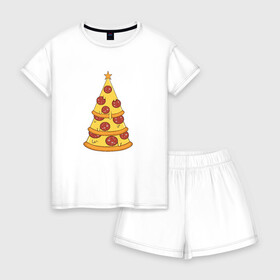 Женская пижама с шортиками хлопок с принтом Пиццеёлка в Санкт-Петербурге, 100% хлопок | футболка прямого кроя, шорты свободные с широкой мягкой резинкой | bird born | арт | веселье | еда | ёлка | иллюстратор | иллюстрация | новый год | пепперони | пицца | радость | рисунок | юмор
