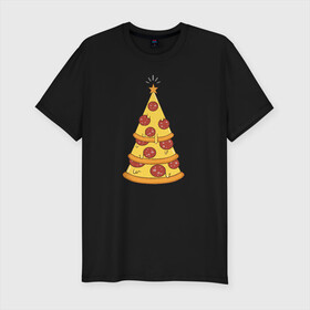 Мужская футболка премиум с принтом Пиццеёлка в Санкт-Петербурге, 92% хлопок, 8% лайкра | приталенный силуэт, круглый вырез ворота, длина до линии бедра, короткий рукав | bird born | арт | веселье | еда | ёлка | иллюстратор | иллюстрация | новый год | пепперони | пицца | радость | рисунок | юмор