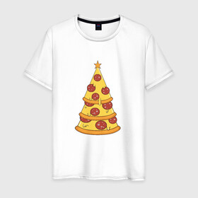 Мужская футболка хлопок с принтом Пиццеёлка в Санкт-Петербурге, 100% хлопок | прямой крой, круглый вырез горловины, длина до линии бедер, слегка спущенное плечо. | bird born | арт | веселье | еда | ёлка | иллюстратор | иллюстрация | новый год | пепперони | пицца | радость | рисунок | юмор