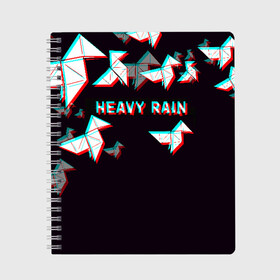 Тетрадь с принтом Heavy Rain (Glitch) в Санкт-Петербурге, 100% бумага | 48 листов, плотность листов — 60 г/м2, плотность картонной обложки — 250 г/м2. Листы скреплены сбоку удобной пружинной спиралью. Уголки страниц и обложки скругленные. Цвет линий — светло-серый
 | Тематика изображения на принте: 3d | game | glitch | heavy rain | геометрия | глитч | игра | надпись | оригами | хеви рейн