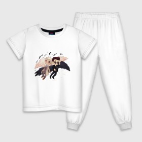 Детская пижама хлопок с принтом Good Omens в Санкт-Петербурге, 100% хлопок |  брюки и футболка прямого кроя, без карманов, на брюках мягкая резинка на поясе и по низу штанин
 | good | omens | sheen | tennant | азирафель | ангел | благие знамения | демон | кроули | падший | теннант | шин