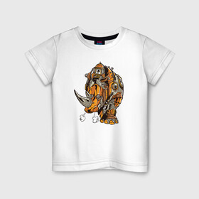 Детская футболка хлопок с принтом Носорог Steampunk в Санкт-Петербурге, 100% хлопок | круглый вырез горловины, полуприлегающий силуэт, длина до линии бедер | cyber | retro | rhino | robot | steampunk | носорог | панк | ретро | стимпанк