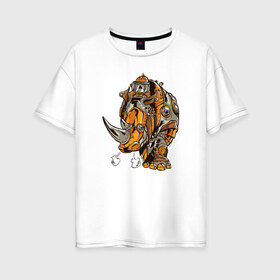 Женская футболка хлопок Oversize с принтом Носорог Steampunk в Санкт-Петербурге, 100% хлопок | свободный крой, круглый ворот, спущенный рукав, длина до линии бедер
 | cyber | retro | rhino | robot | steampunk | носорог | панк | ретро | стимпанк