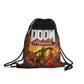 Рюкзак-мешок 3D с принтом DOOM Eternal в Санкт-Петербурге, 100% полиэстер | плотность ткани — 200 г/м2, размер — 35 х 45 см; лямки — толстые шнурки, застежка на шнуровке, без карманов и подкладки | 2019 | bethesda | demon | doom | eternal | ethernal | game | games | logo | monster | runes | демон | дум | дуум | етернал | игра | игры | какодемон | кровь | лого | логотип | монстр | монстры | руны | символ | этернал