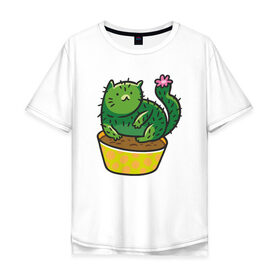 Мужская футболка хлопок Oversize с принтом Кот-кактус в Санкт-Петербурге, 100% хлопок | свободный крой, круглый ворот, “спинка” длиннее передней части | cat | горшок | иголки | кактус | кот кактус | котик | кошка | растение | цветок