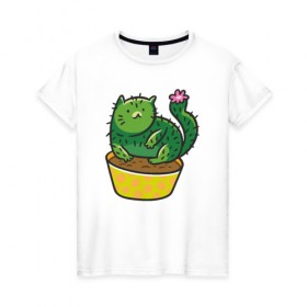 Женская футболка хлопок с принтом Кот-кактус в Санкт-Петербурге, 100% хлопок | прямой крой, круглый вырез горловины, длина до линии бедер, слегка спущенное плечо | cat | горшок | иголки | кактус | кот кактус | котик | кошка | растение | цветок