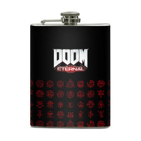 Фляга с принтом DOOM Eternal в Санкт-Петербурге, металлический корпус | емкость 0,22 л, размер 125 х 94 мм. Виниловая наклейка запечатывается полностью | Тематика изображения на принте: 2019 | bethesda | demon | doom | eternal | ethernal | game | games | logo | monster | runes | демон | дум | дуум | етернал | игра | игры | какодемон | кровь | лого | логотип | монстр | монстры | руны | символ | этернал