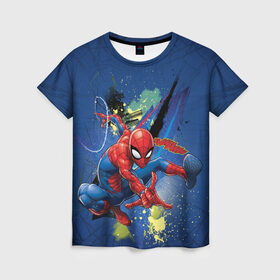 Женская футболка 3D с принтом Spider-man with a spiderweb в Санкт-Петербурге, 100% полиэфир ( синтетическое хлопкоподобное полотно) | прямой крой, круглый вырез горловины, длина до линии бедер | Тематика изображения на принте: avengers | comics | marvel | peter parker | spider man | stan lee | super her | web shooter | комикс | марвел | марвэл | мстители | паутина | паучок | питер паркер | спайди | стэн ли | человек паук