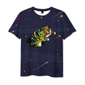 Мужская футболка 3D с принтом Тигр и телепорт (двусторонняя) в Санкт-Петербурге, 100% полиэфир | прямой крой, круглый вырез горловины, длина до линии бедер | галактика | звезды | космос | кот | кошка | полосатый | телепорт | тигр | тигренок