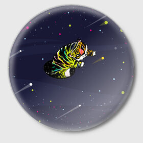 Значок с принтом Тигр и телепорт (двусторонняя) в Санкт-Петербурге,  металл | круглая форма, металлическая застежка в виде булавки | галактика | звезды | космос | кот | кошка | полосатый | телепорт | тигр | тигренок