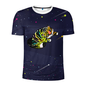 Мужская футболка 3D спортивная с принтом Тигр и телепорт (двусторонняя) в Санкт-Петербурге, 100% полиэстер с улучшенными характеристиками | приталенный силуэт, круглая горловина, широкие плечи, сужается к линии бедра | галактика | звезды | космос | кот | кошка | полосатый | телепорт | тигр | тигренок