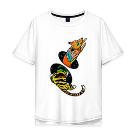 Мужская футболка хлопок Oversize с принтом Лиса и тигр - телепорт в Санкт-Петербурге, 100% хлопок | свободный крой, круглый ворот, “спинка” длиннее передней части | fox | foxy | звезды | космос | лиса | лиса в космосе | лисичка | полосатый | прыжок | рыжая | телепорт | тигр