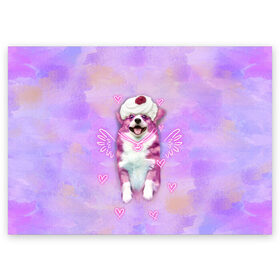 Поздравительная открытка с принтом Ангелок корги в Санкт-Петербурге, 100% бумага | плотность бумаги 280 г/м2, матовая, на обратной стороне линовка и место для марки
 | dog | ангел | ангелок | еда | корги | мороженое | пес | пироженко | пирожное | сердечки | собака | собачка