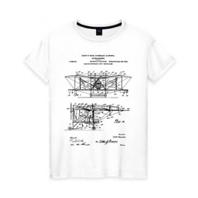 Женская футболка хлопок с принтом Patent - Flying machine в Санкт-Петербурге, 100% хлопок | прямой крой, круглый вырез горловины, длина до линии бедер, слегка спущенное плечо | Тематика изображения на принте: patent | идея | история | летать | летающий | машина | механика | патент | разработка | самолет | чертеж | чертежи