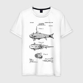 Мужская футболка хлопок с принтом Patent - Artificial bait в Санкт-Петербурге, 100% хлопок | прямой крой, круглый вырез горловины, длина до линии бедер, слегка спущенное плечо. | Тематика изображения на принте: patent | воблер | идея | история | крючок | патент | приманка | разработка | рыбак | рыбалка | туризм | удочка | чертеж | чертежи
