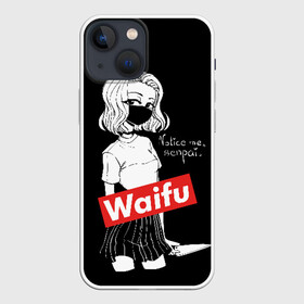 Чехол для iPhone 13 mini с принтом Waifu в Санкт-Петербурге,  |  | anime | bandage | blonde | cartoon | cheeky | closed | comic | face | girl | holds | inscription | japanese | knife | manga | notic | sempai | young | аниме | блондинка | девушка | держит | дерзкая | закрытое | заметь меня | комикс | лицо | манга | 