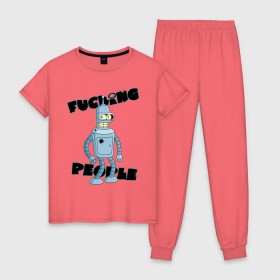 Женская пижама хлопок с принтом Futurama Bender в Санкт-Петербурге, 100% хлопок | брюки и футболка прямого кроя, без карманов, на брюках мягкая резинка на поясе и по низу штанин | bender | futurama | бендер | футурама
